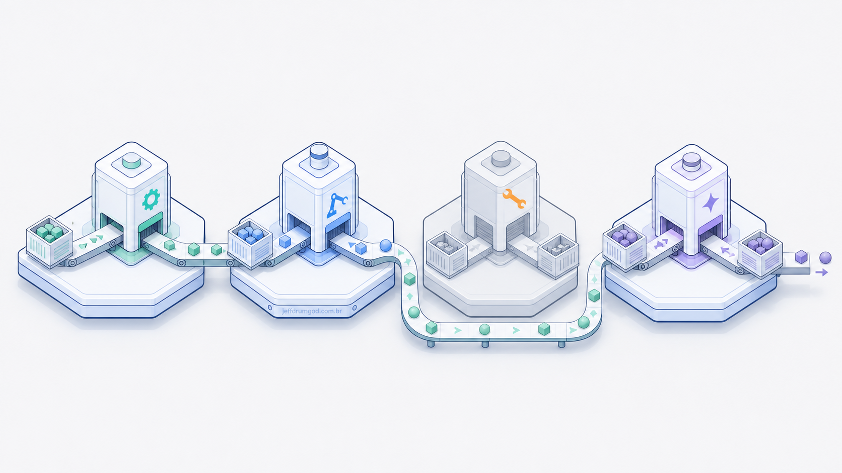 Linha de montagem isométrica com quatro estações hexagonais, a terceira em manutenção com chave inglesa laranja enquanto as outras continuam trabalhando