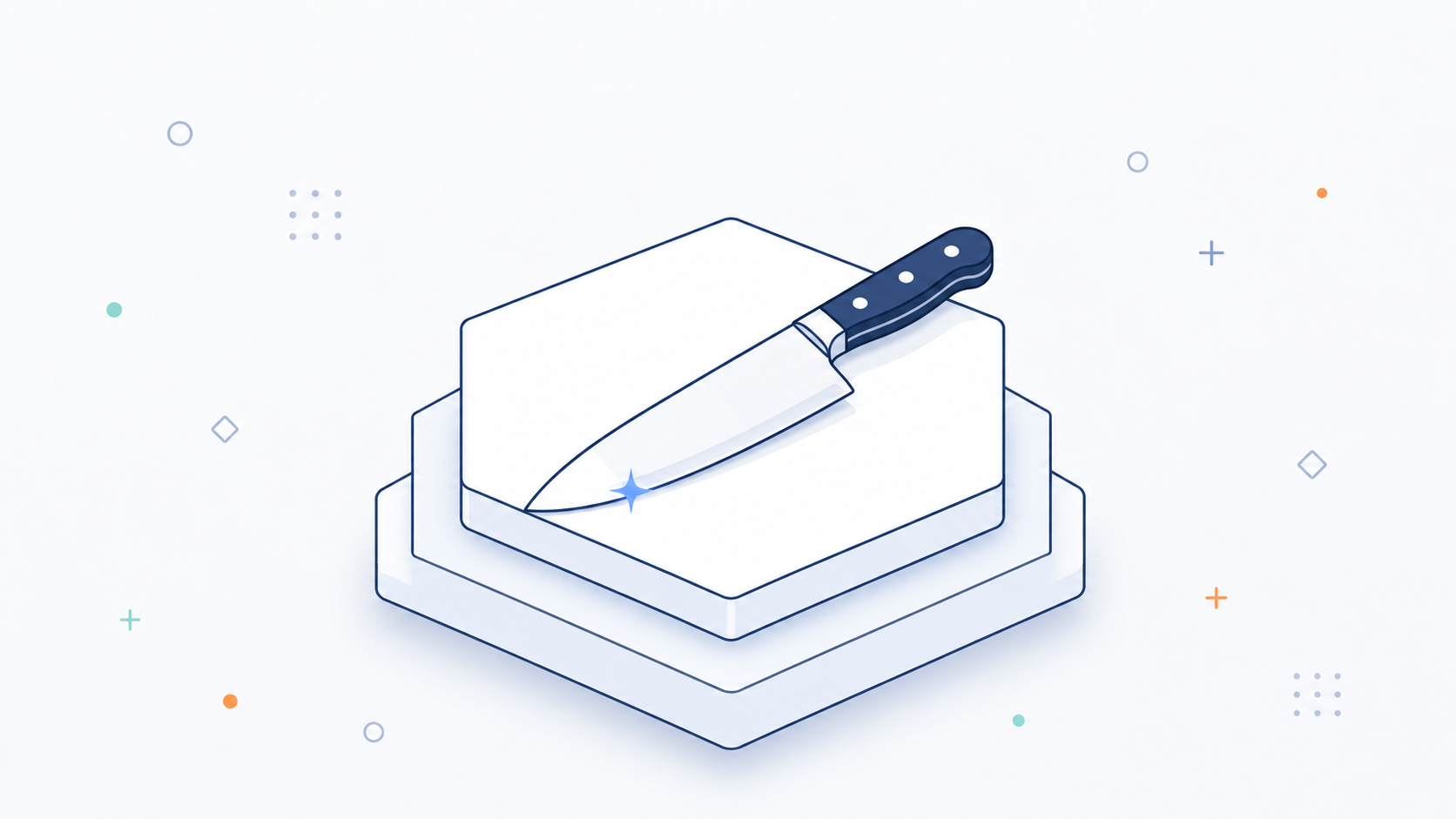 Ilustração isométrica de uma faca de chef sobre uma plataforma hexagonal, em estilo flat com traços finos azul-marinho, fundo off-white e pequenos elementos decorativos